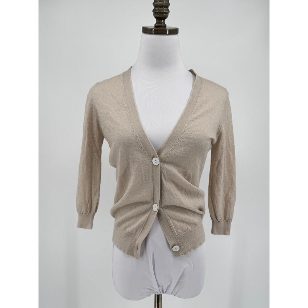 Seaton Womens Beige 100% Cashmere V Neck 3/4 Sleeve Cardigan Sweater Sz S